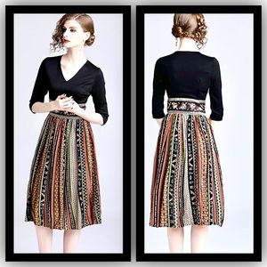 NWT Women's Retro 2 in 1 Pleated Knit Flowy Patchwork Vintage A-Line Dress